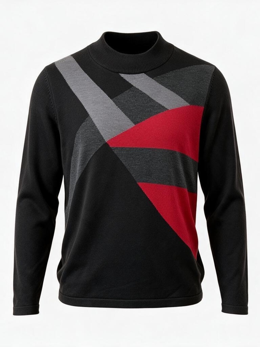 TanJay Geometric Black and Red Sweater with Mock Turtleneck